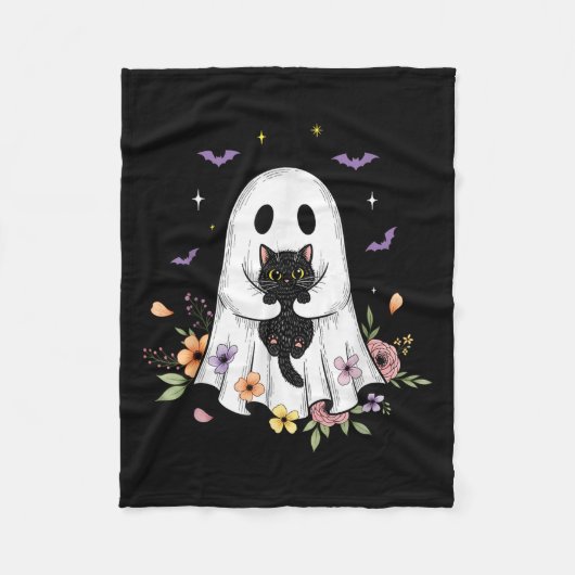 Niedliche Cat Ghost Blume Spooky Halloween Vibes M Fleecedecke (Vorderseite)