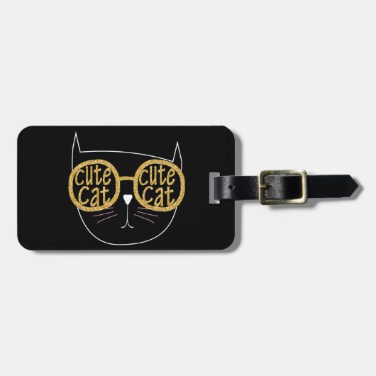 Niedliche Cat Glasses Graphic Gold Glitzer Kitty F Gepäckanhänger (Vorderseite horizontal)