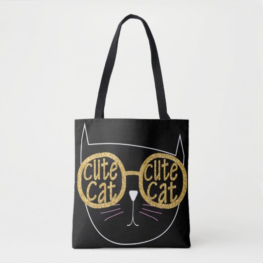 Niedliche Cat Glasses Graphic Gold Glitzer Kitty F Tasche (Vorderseite)