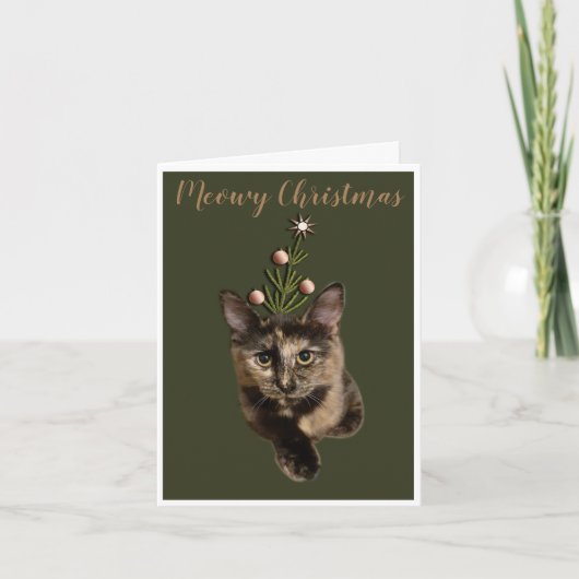 Niedliche Cat Green Meowy Weihnachtskarte Feiertagskarte (Vorderseite)