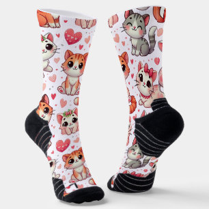 Niedliche Cat & Hearts Muster Socken - Rosa & Rot