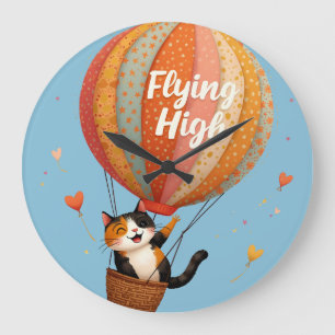 Niedliche Cat Hot Air Ballon Whimsikkunst Große Wanduhr