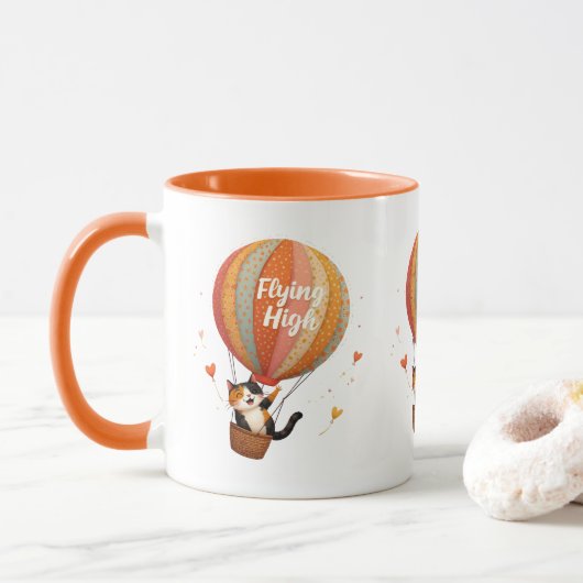 Niedliche Cat Hot Air Ballon Whimsikkunst Tasse (Mit Donut)