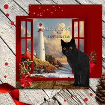 Niedliche Cat Lighthouse Weihnachtskarte