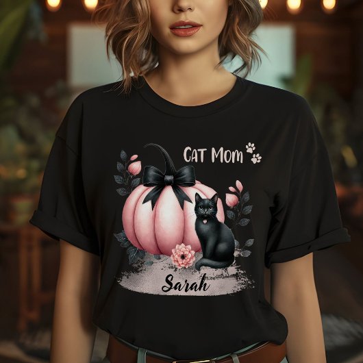 Niedliche Cat Mama Halloween Personalisiert Pink T-Shirt