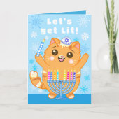 Niedliche Cat Menorah "Lass's Get Lit" Hanukkah Ca Dankeskarte (Vorderseite)