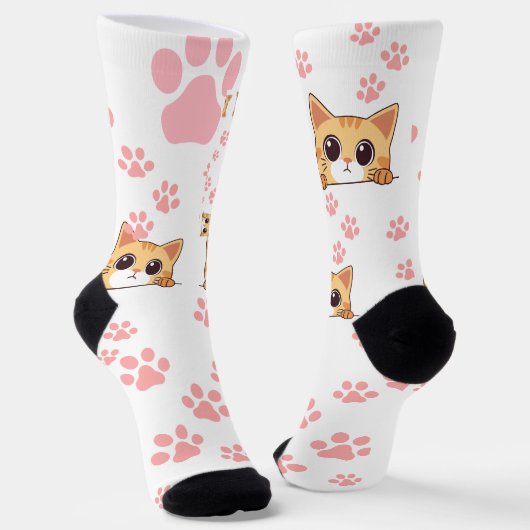 Niedliche Cat & Paw Drucksocken, Crew Socken (Gewinkelt)