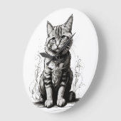 Niedliche Cat Pencil Sketch Große Wanduhr (Winkel)