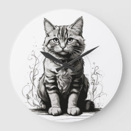 Niedliche Cat Pencil Sketch Große Wanduhr
