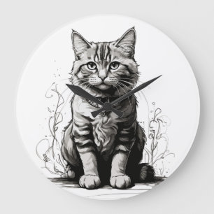 Niedliche Cat Pencil Sketch Große Wanduhr