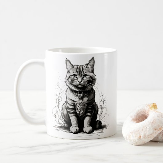 Niedliche Cat Pencil Sketch Kaffeetasse (Mit Donut)