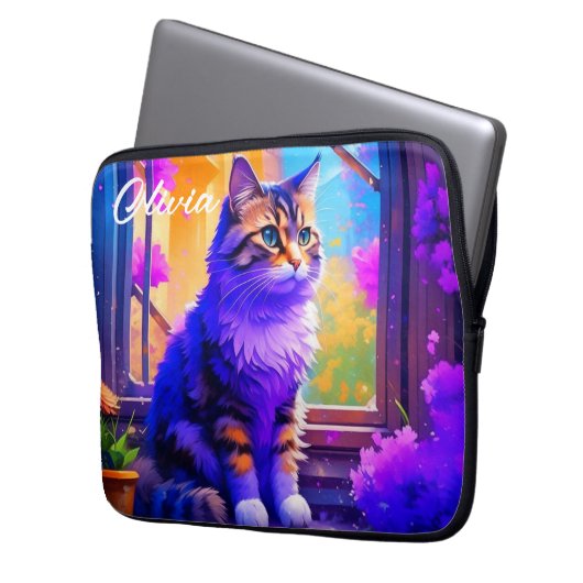 Niedliche Cat Sitting in Window Ai Art Laptopschutzhülle (Vorderseite Links)