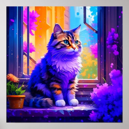 Niedliche Cat Sitting in Window Ai Art Poster (Vorne)