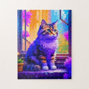 Niedliche Cat Sitting in Window Ai Art Puzzle