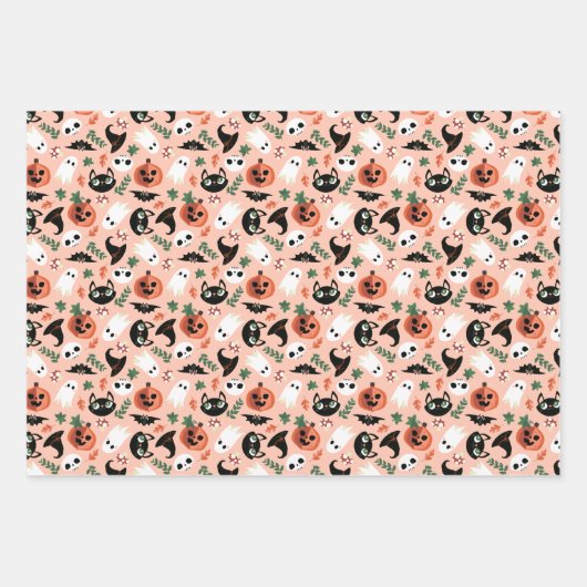Niedliche Cats & Pumpkins Mixed Halloween Patterns Geschenkpapier Set (Vorderseite)