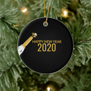 Niedliche Champagnerflasche und gutes neues Jahr 2 Keramik Ornament