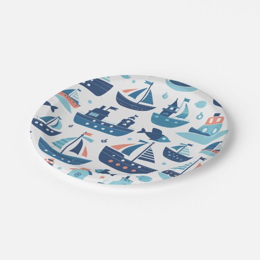 Niedliche Charming-Boote, Schiffe und Fische Pappteller (Schrägansicht)