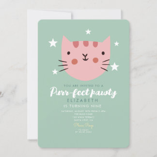 Niedliche Chat Pink Green Geburtstagspartei Einladung