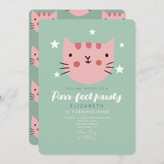 Niedliche Chat Pink Green Geburtstagspartei Einladung (Vorne/Hinten)