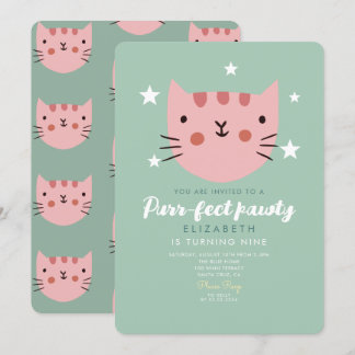 Niedliche Chat Pink Green Geburtstagspartei Einladung