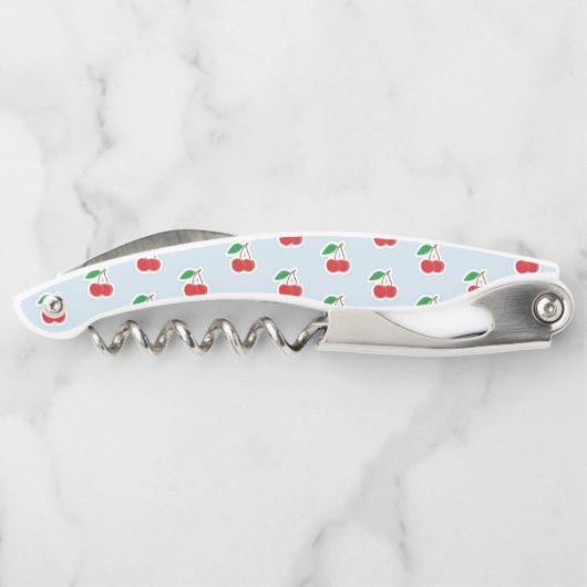 Niedliche Cherry-Stiele für hellblaue Monogramm Kellnermesser (Rückseite)
