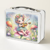 Niedliche Chibi Fairy mit Violine auf rosa Blume Metall Brotdose (Rückseite)