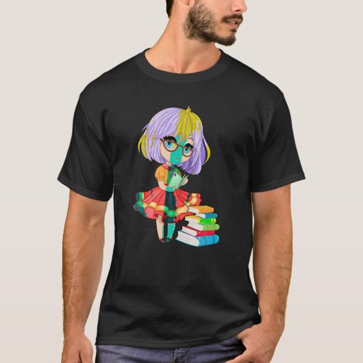 Niedliche Chibi Gacha Style Mode Lesemödchen mit B T-Shirt (Vorderseite)