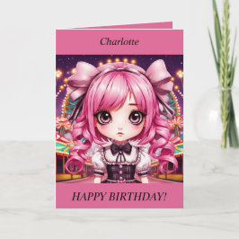 Niedliche Chibi Girl pink haar Geburtstagskarte Feiertagskarte