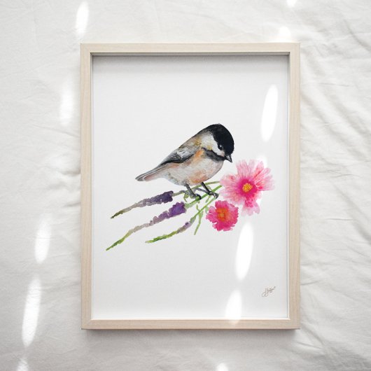 Niedliche Chickadee Bird Blume Kunst, Dichtung und Poster