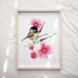 Niedliche Chickadee Bird Rosa Blume Printmedien Poster