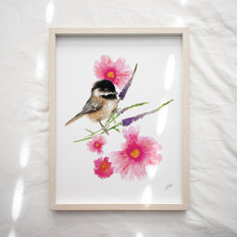 Niedliche Chickadee Bird Rosa Blume Printmedien Poster