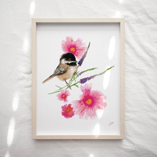 Niedliche Chickadee Bird Rosa Blume Printmedien Poster