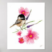 Niedliche Chickadee Bird Rosa Blume Printmedien Poster (Vorne)