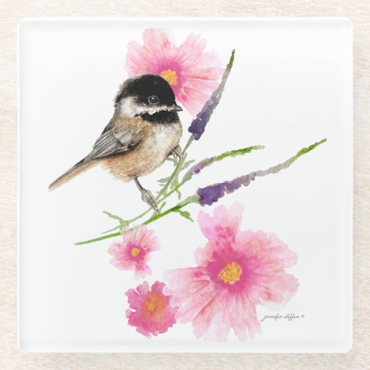 Niedliche Chickadee Blume Glasuntersetzer (Vorderseite)