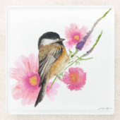 Niedliche Chickadee Rosa Blume Wasserfarbe Glasuntersetzer (Vorderseite)