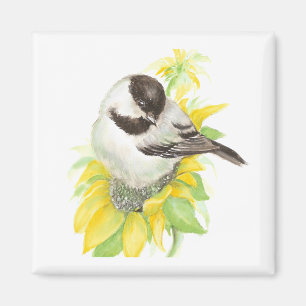 Niedliche Chickadee, Vögel, Sonnenblumen, Garten, Magnet