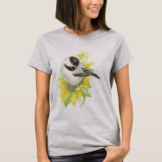 Niedliche Chickadee, Vögel, Sonnenblumen, Garten, T-Shirt (Vorderseite)