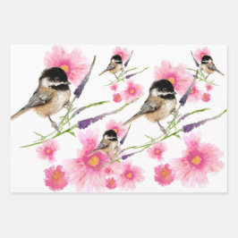 Niedliche Chickadee Wasserfarbenflora Geschenkpapier Set
