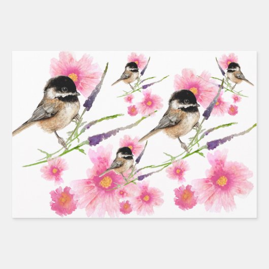 Niedliche Chickadee Wasserfarbenflora Geschenkpapier Set (Vorderseite)