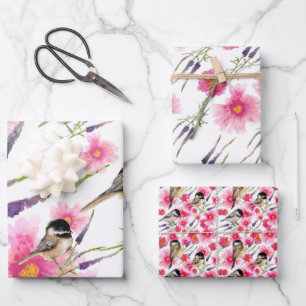 Niedliche Chickadee Wasserfarbenflora Geschenkpapier Set