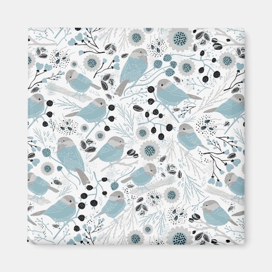 Niedliche Chickadevögel Blaue graue Blume Berries Magnet (Vorne)