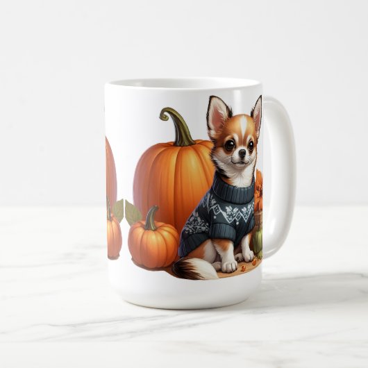Niedliche Chihuahua im Sweater mit Pumpkins Kaffeetasse (VorderseiteRechts)