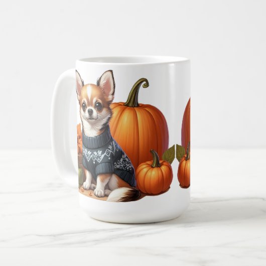 Niedliche Chihuahua im Sweater mit Pumpkins Kaffeetasse (Vorderseite Links)