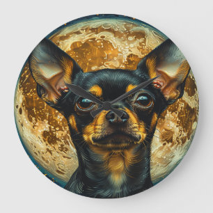 Niedliche Chihuahua mit Mond- und Sternenzeitanzei Große Wanduhr