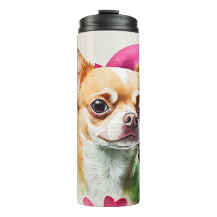 Niedliche Chihuahua mit rosa Herzhintergrund Thermosbecher