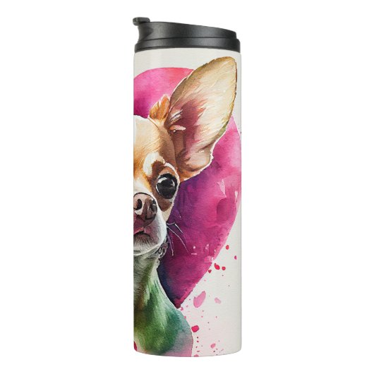 Niedliche Chihuahua mit rosa Herzhintergrund Thermosbecher (Nach rechts gedreht)