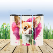 Niedliche Chihuahua mit rosa Herzhintergrund Thermosbecher