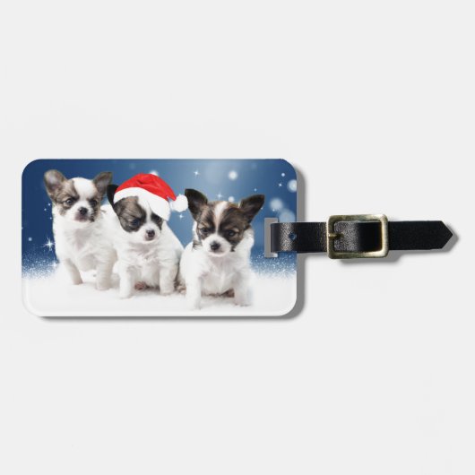 Niedliche Chihuahua Welpen mit Weihnachtsmannmütze Gepäckanhänger (Vorderseite horizontal)