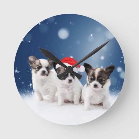 Niedliche Chihuahua Welpen mit Weihnachtsmannmütze Runde Wanduhr (Vorderseite)