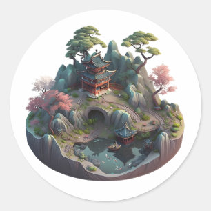Niedliche chinesische Fantasie 3D Landscape Round  Runder Aufkleber